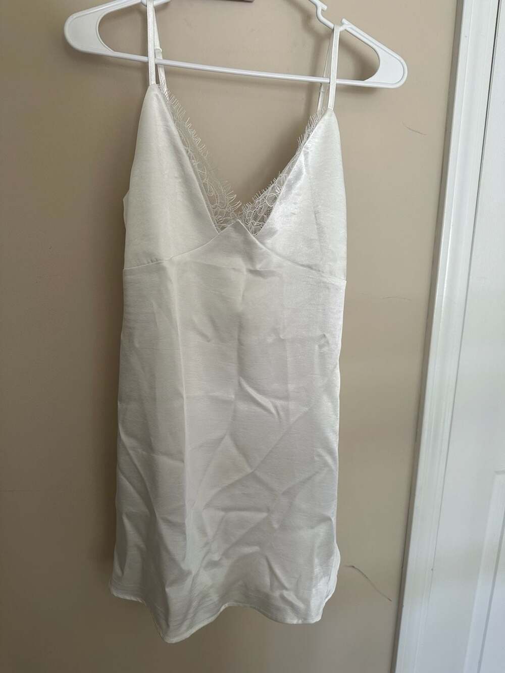 Satin Slip Dress Size XS White Lace Trim V-Neck Bow Back